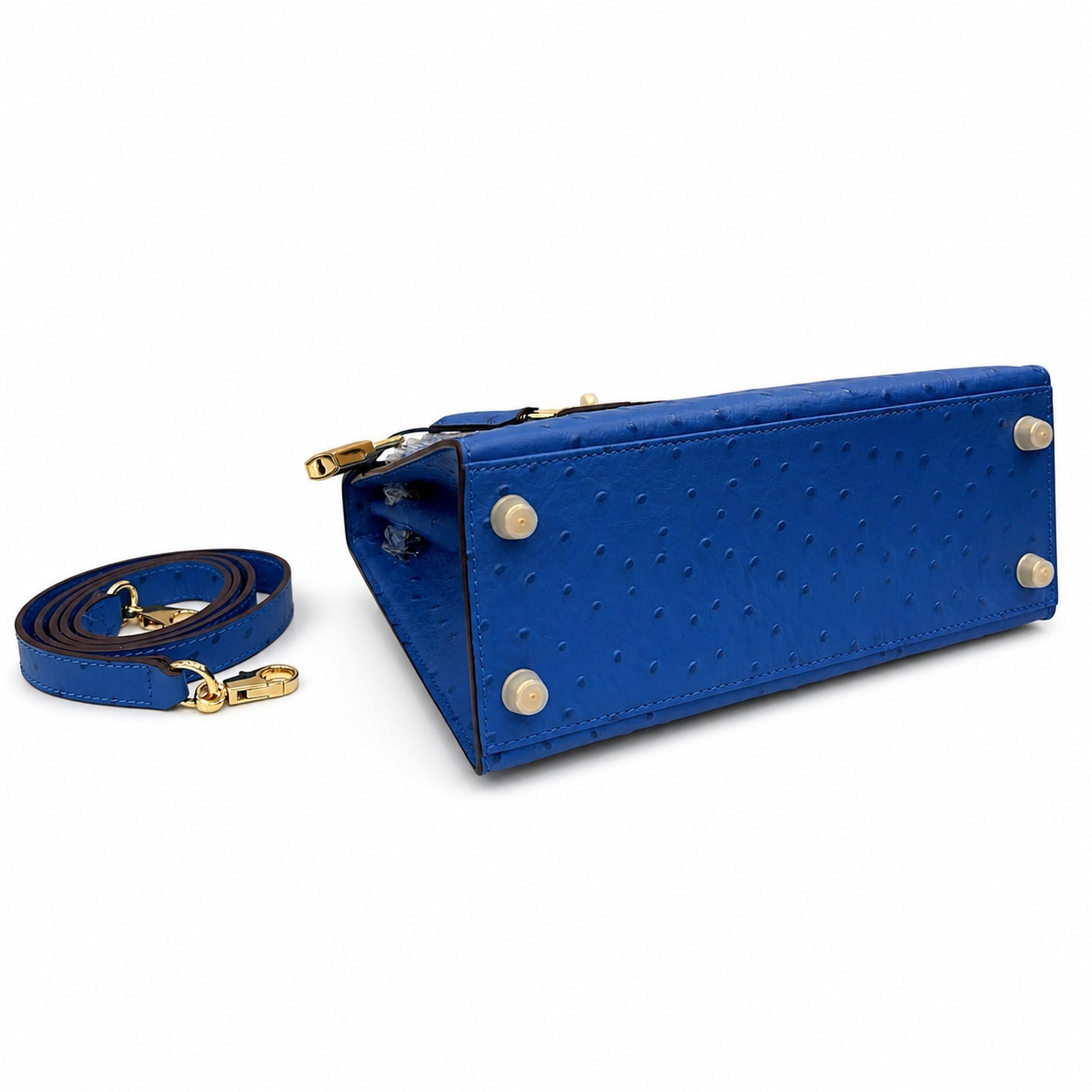 Kelly Sellier 25cm Bleu Electrique Ostrich Gold Hardware Premium Crossbody Purse