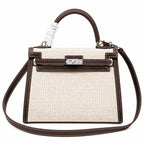 Kelly 25 Bag With Exterior Stitching Crafted Of Patchwork Canvas & Premium Swift Leather, Classic Deep Ebony Wood Shade, Unique Mixed Material Texture With Distinct Vintage Charm Dimensions: Length 25 * Width 10 * Height 18cm