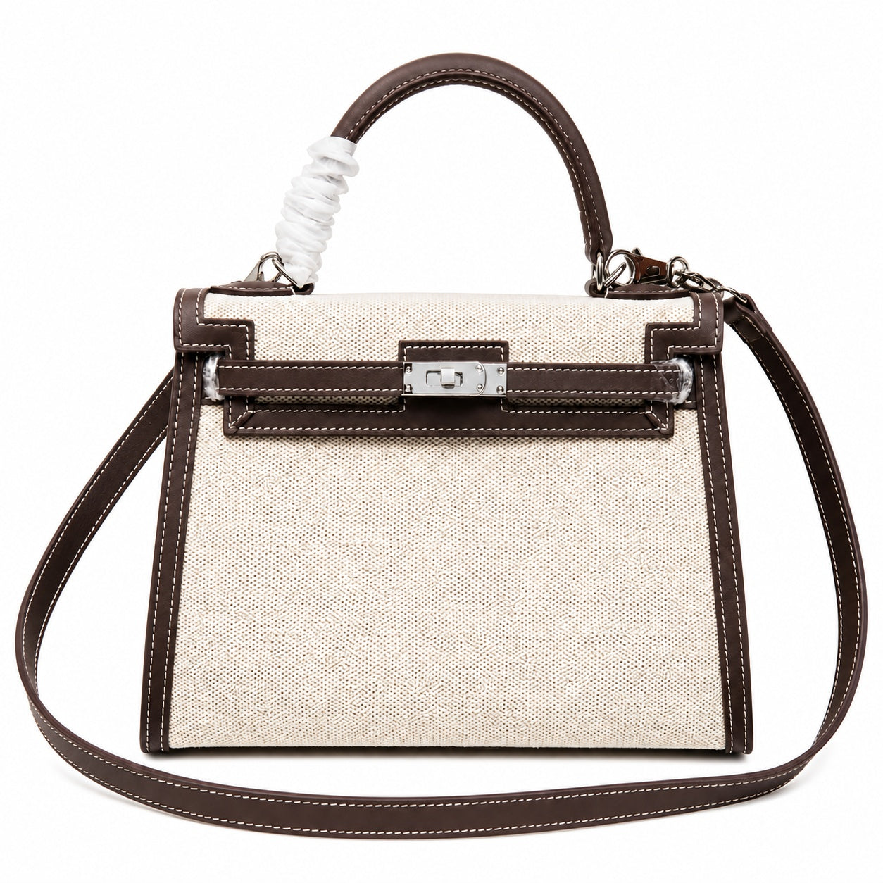 Kelly 25 Bag With Exterior Stitching Crafted Of Patchwork Canvas & Premium Swift Leather, Classic Deep Ebony Wood Shade, Unique Mixed Material Texture With Distinct Vintage Charm Dimensions: Length 25 * Width 10 * Height 18cm
