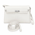 Kelly Elan 25 Underarm Baguette Bag, Genuine Top Layer Cowhide Goat Grain Leather, Silver Hardware Off White Shoulder Handbag, Youthful Elegant Goddess Daily Purse Size 25×6.5×15cm