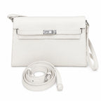 Kelly Elan 25 Underarm Baguette Bag, Genuine Top Layer Cowhide Goat Grain Leather, Silver Hardware Off White Shoulder Handbag, Youthful Elegant Goddess Daily Purse Size 25×6.5×15cm