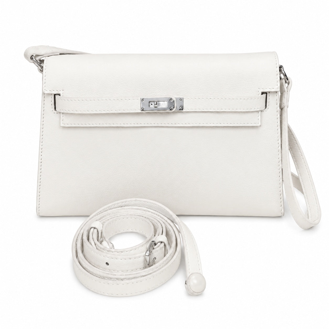 Kelly Elan 25 Underarm Baguette Bag, Genuine Top Layer Cowhide Goat Grain Leather, Silver Hardware Off White Shoulder Handbag, Youthful Elegant Goddess Daily Purse Size 25×6.5×15cm