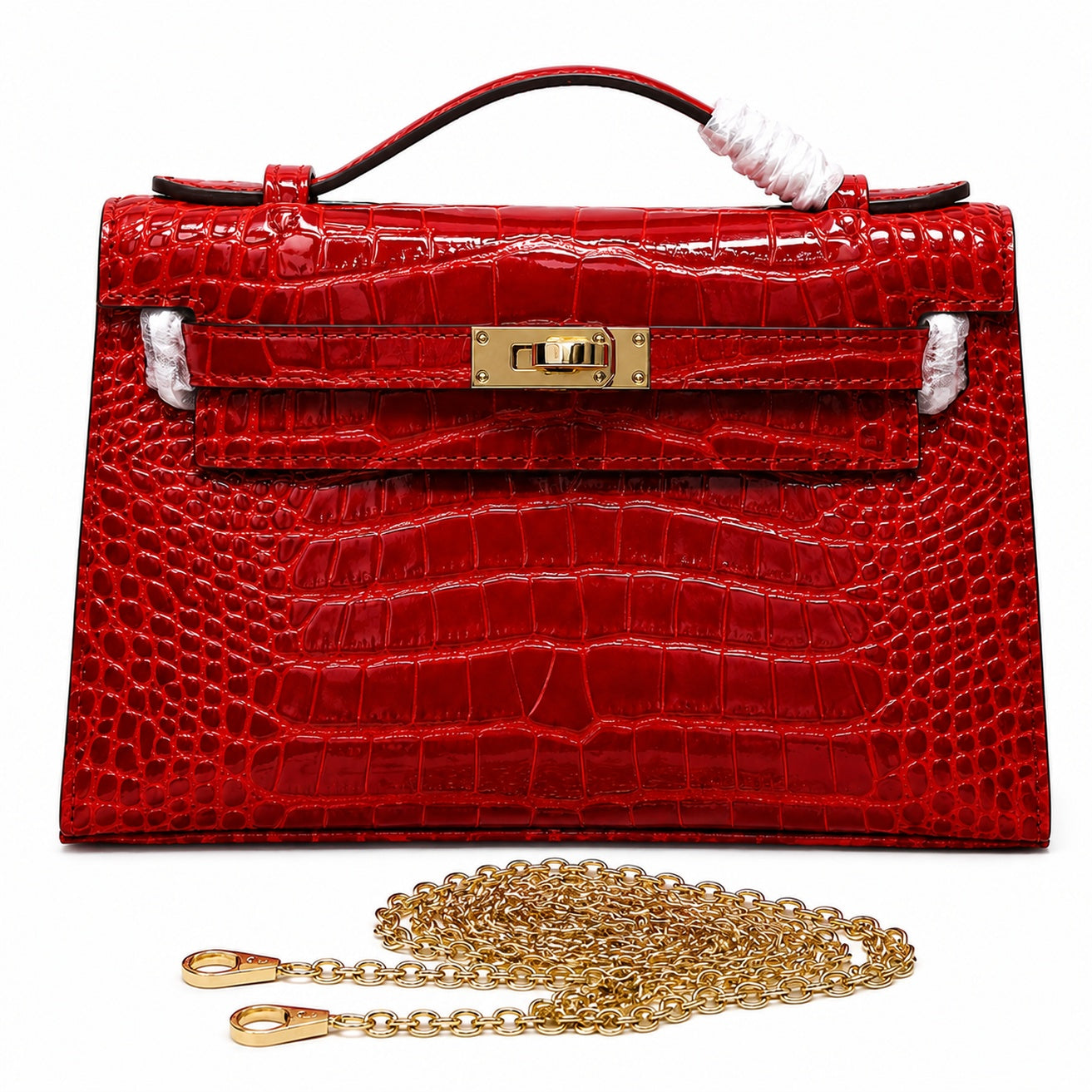 Kelly Pochette Rouge Casa Shiny Niloticus Crocodile Leather Gold Hardware Women Clutch Bag