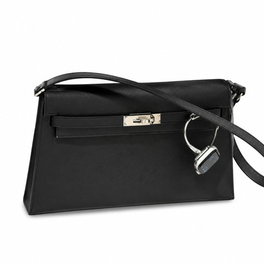 Kelly Elan 25 Underarm Baguette Bag, Genuine Top Layer Cowhide Goat Grain Leather, Silver Hardware Black Unisex Shoulder Purse, Multiway Crossbody Handheld Daily Bag, High Practical Daily Bag Size 25×6.5×15cm