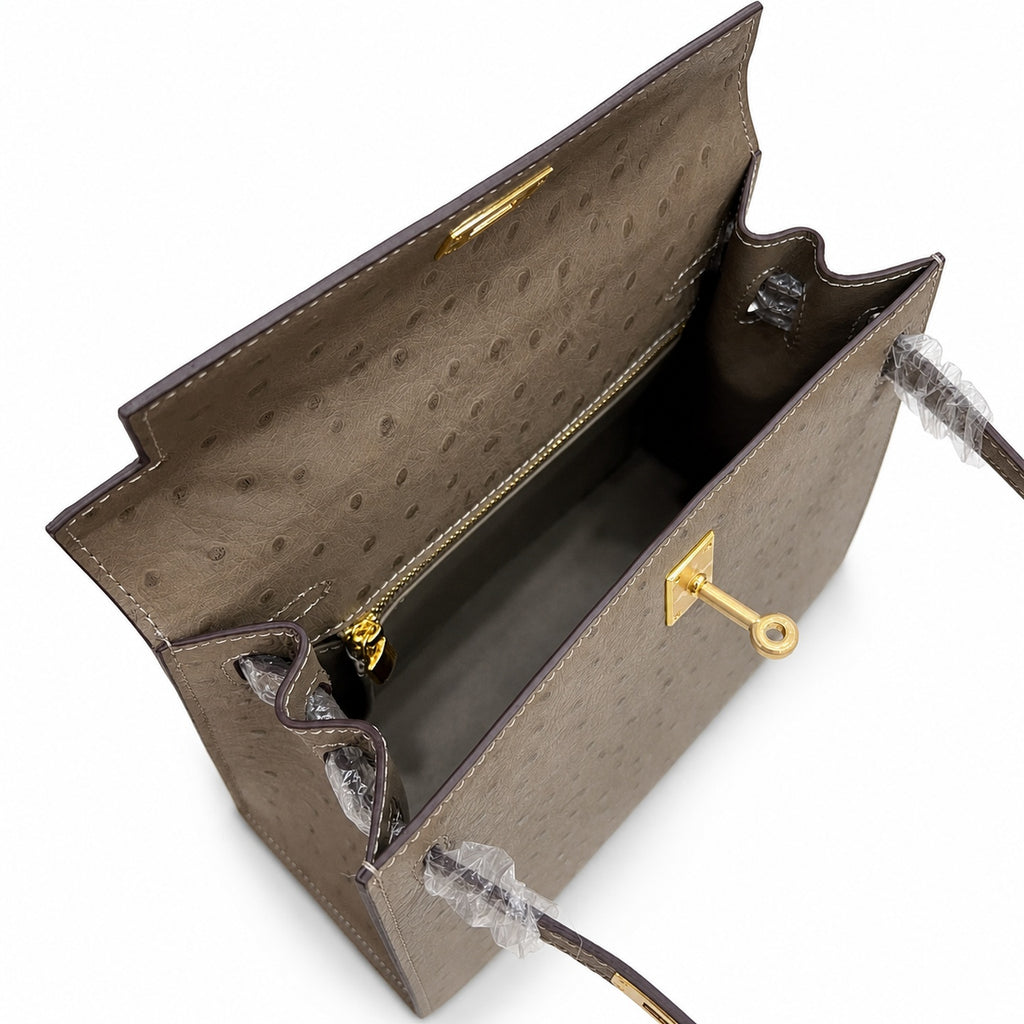 Hermès Kelly Sellier 25 Ostrich Etoupe Gold Hardware