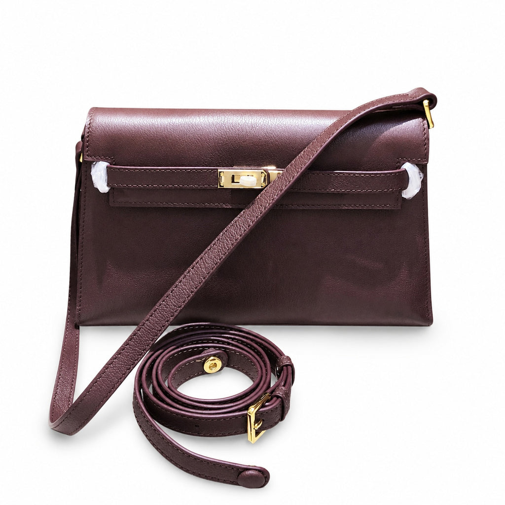 Kelly Elan 25 Underarm Baguette Bag, Genuine Top Layer Cowhide Goat Grain Leather, Gold Hardware Havane Brown Shoulder Purse, Low-key Old Money Vintage Style Daily Handbag Size 25×6.5×15cm