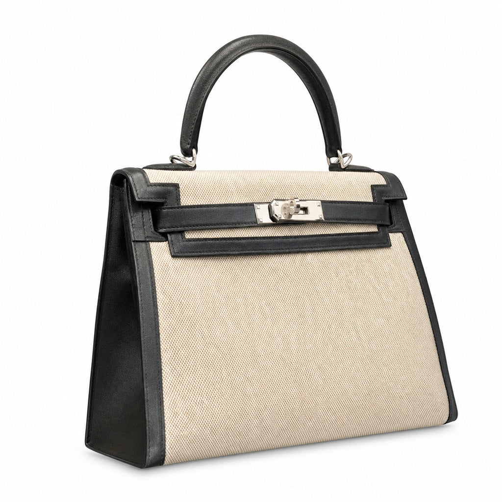 Kelly 25 Bag With Outside Stitching Constructed Of Patchwork Canvas & Premium Soft Swift Leather, Rich Warm Brown Tone Delivers Full-Bodied Vintage Luxury Texture Dimensions: Length 25 * Width 10 * Height 18cm