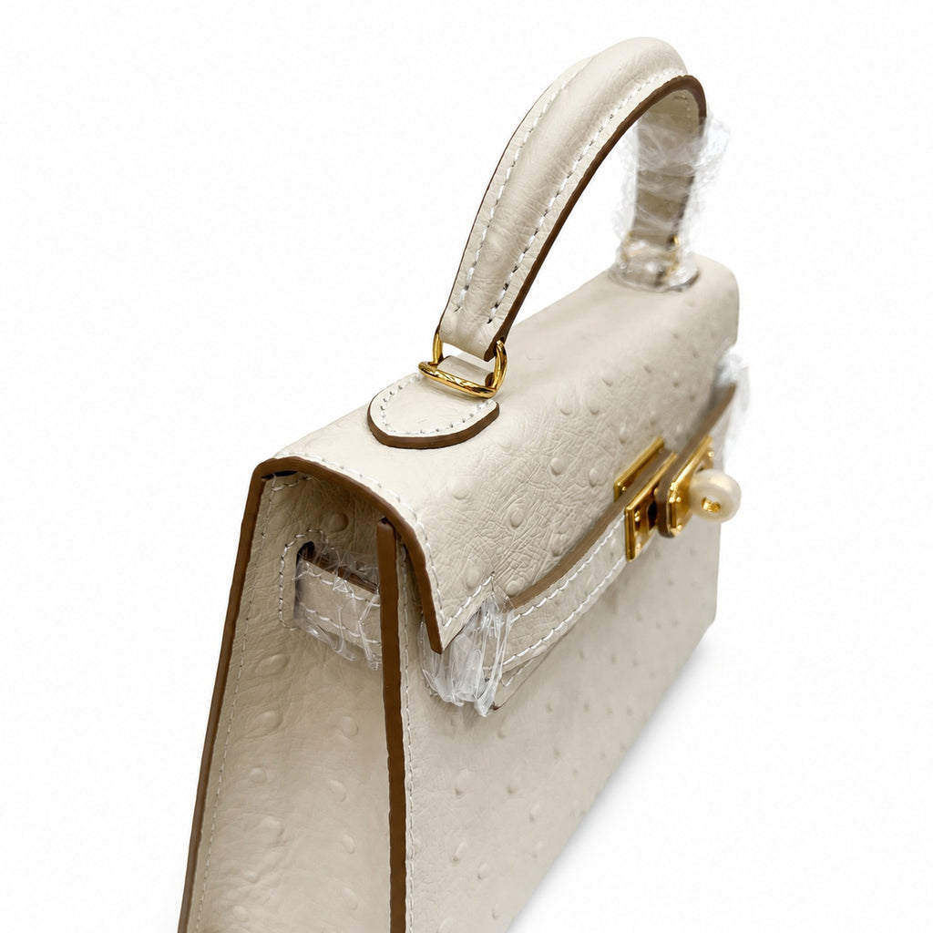 Mini Kelly II 19cm Sellier Craie Ostrich Gold Hardware Premium Women Daily Handbag
