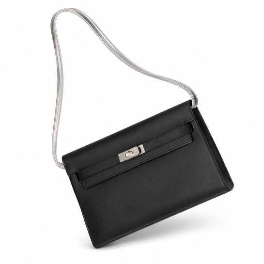 Kelly Elan 25 Underarm Baguette Bag, Genuine Top Layer Cowhide Goat Grain Leather, Silver Hardware Black Unisex Shoulder Purse, Multiway Crossbody Handheld Daily Bag, High Practical Daily Bag Size 25×6.5×15cm