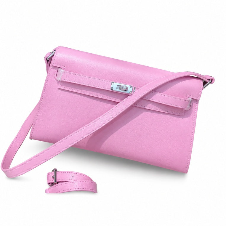 Kelly Elan 25 Underarm Baguette Bag, Genuine Top Layer Cowhide Goat Grain Leather, Silver Hardware Mauve Iris Purple Shoulder Handbag, Bright Soft Tone Youthful Elegant Daily Purse Size 25×6.5×15cm