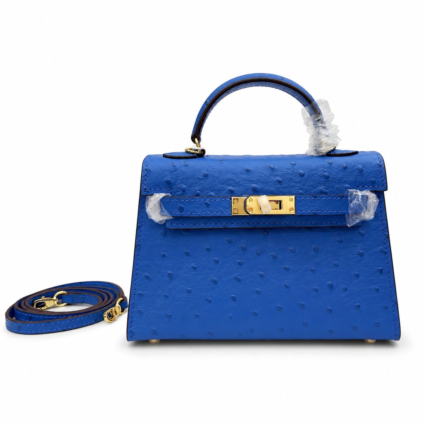 Mini Kelly II 19cm Sellier Bleu Electrique Ostrich Gold Hardware Luxury Crossbody Handbag