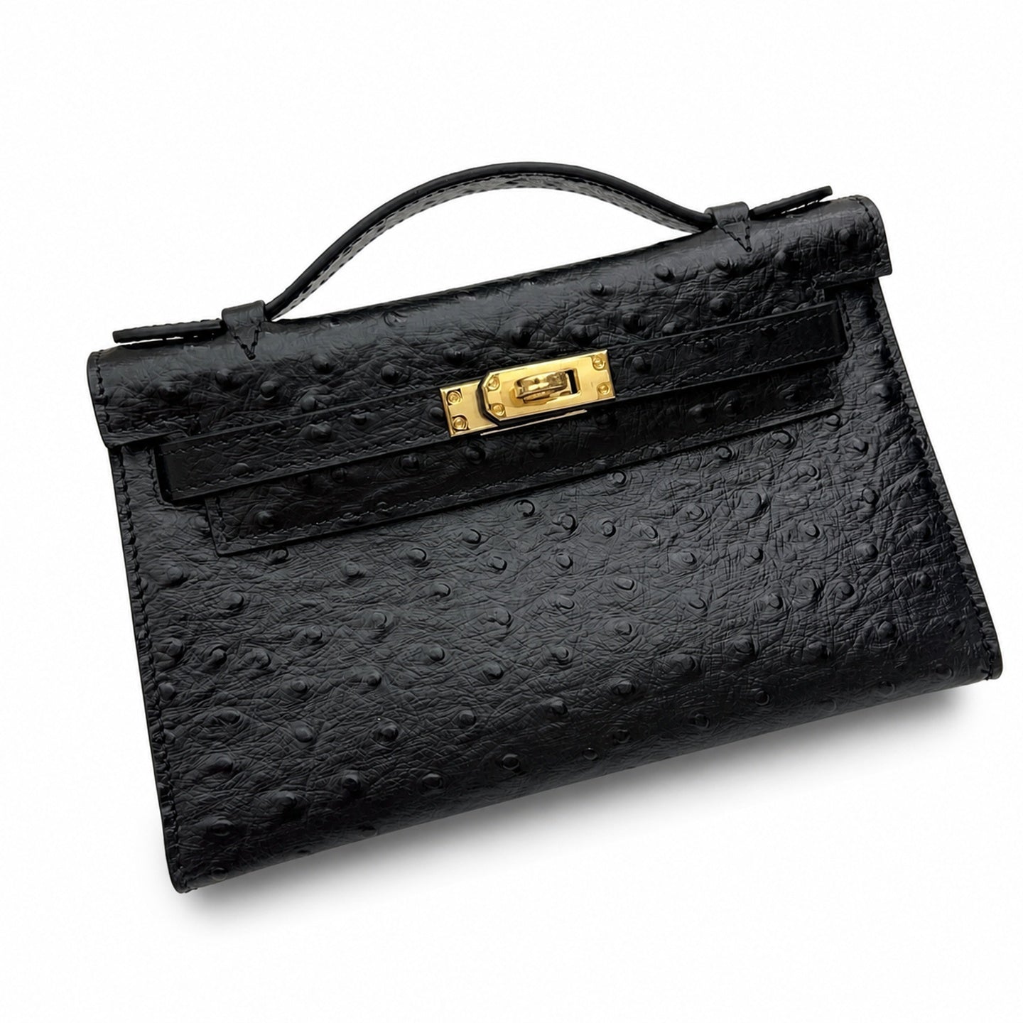 Mini Kelly Sellier 22cm Noir Ostrich Leather Gold Hardware Women Mini Handbag