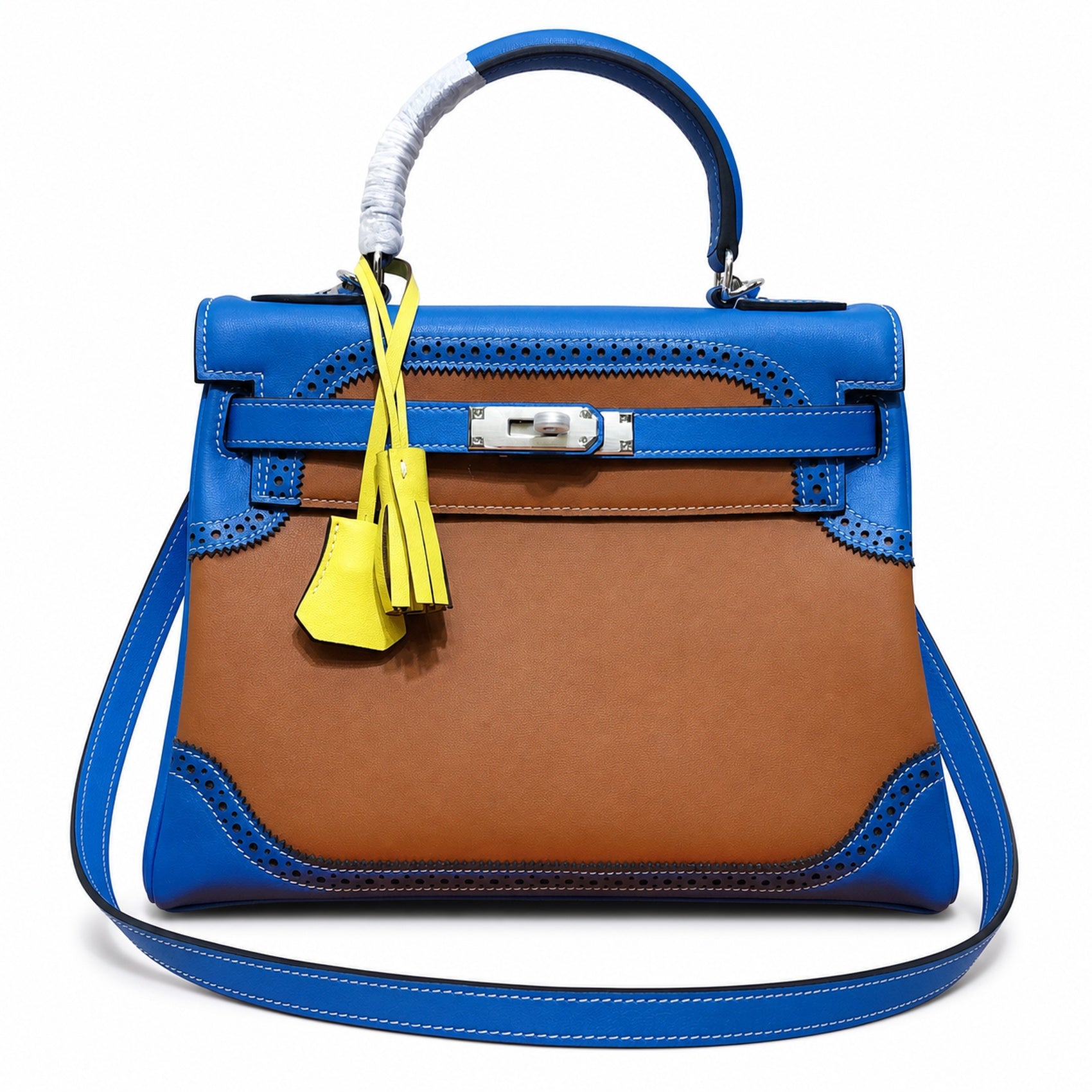 Kelly Sellier Ghillies 28cm Bleu Izmir & Natural Sable Barenia Leather Palladium Hardware Women Handbag