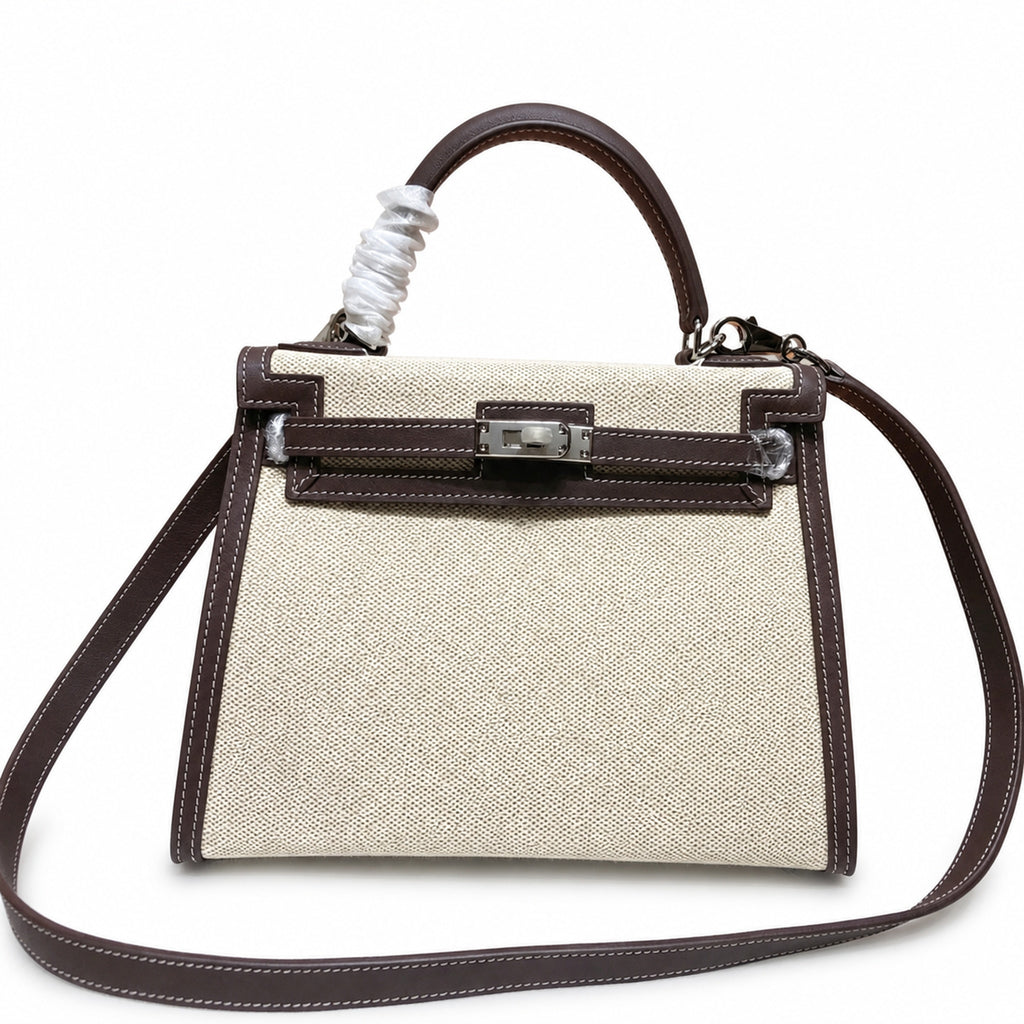 Kelly 25 Bag With Exterior Stitching Crafted Of Patchwork Canvas & Premium Swift Leather, Classic Deep Ebony Wood Shade, Unique Mixed Material Texture With Distinct Vintage Charm Dimensions: Length 25 * Width 10 * Height 18cm