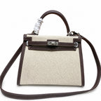 Kelly 25 Bag With Exterior Stitching Crafted Of Patchwork Canvas & Premium Swift Leather, Classic Deep Ebony Wood Shade, Unique Mixed Material Texture With Distinct Vintage Charm Dimensions: Length 25 * Width 10 * Height 18cm