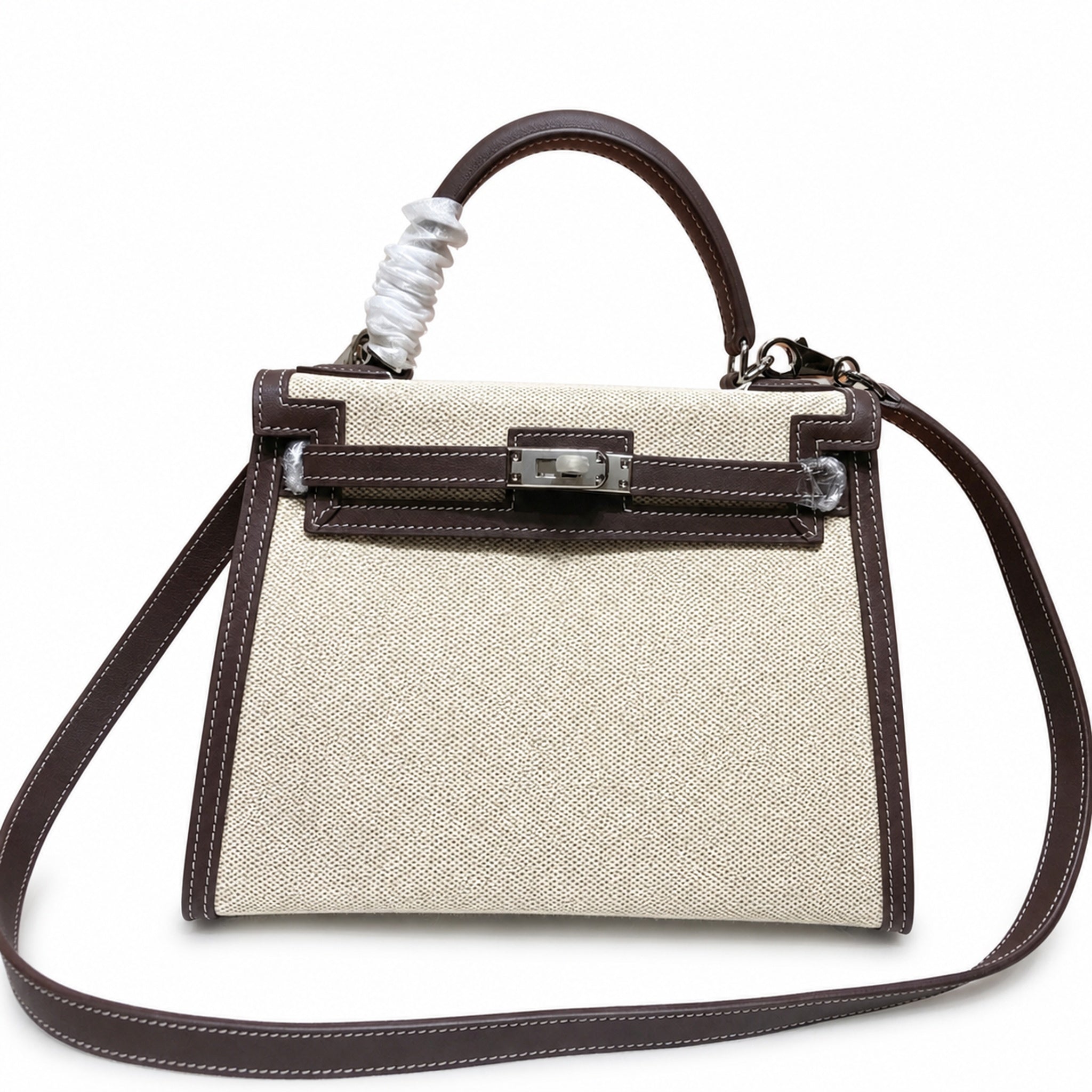 Kelly 25 Bag With Exterior Stitching Crafted Of Patchwork Canvas & Premium Swift Leather, Classic Deep Ebony Wood Shade, Unique Mixed Material Texture With Distinct Vintage Charm Dimensions: Length 25 * Width 10 * Height 18cm