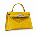 Kelly Sellier 19cm Jaune Ambre Shiny Crocodile Leather Gold Hardware & Palladium Hardware Women Handbag
