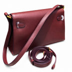 Kelly Elan 25 Underarm Baguette Bag, Genuine Top Layer Cowhide Goat Grain Leather, Gold Hardware Vintage Wine Red Shoulder Handbag, Elegant Luxury Quiet Glam Daily Purse Size 25×6.5×15cm
