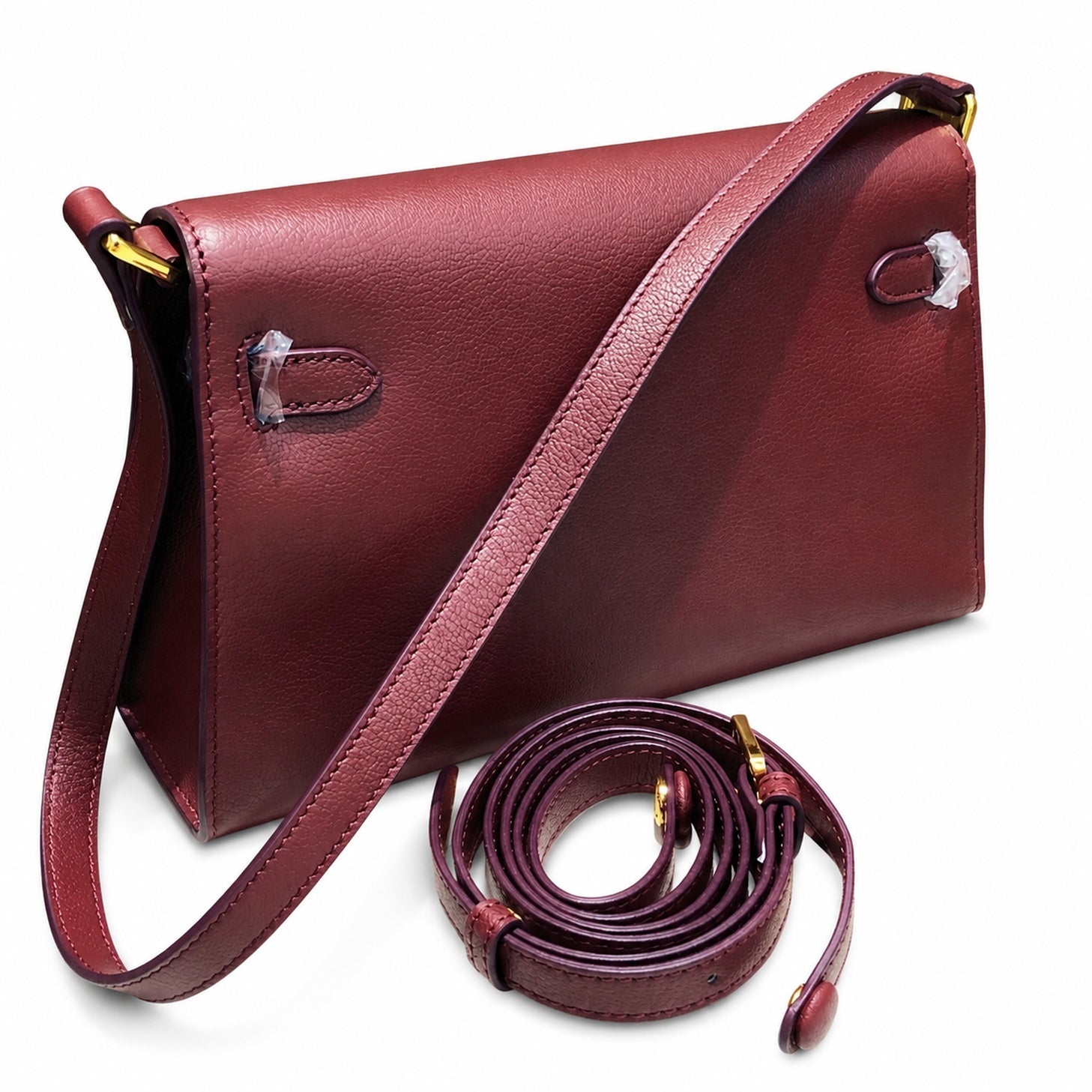 Kelly Elan 25 Underarm Baguette Bag, Genuine Top Layer Cowhide Goat Grain Leather, Gold Hardware Vintage Wine Red Shoulder Handbag, Elegant Luxury Quiet Glam Daily Purse Size 25×6.5×15cm
