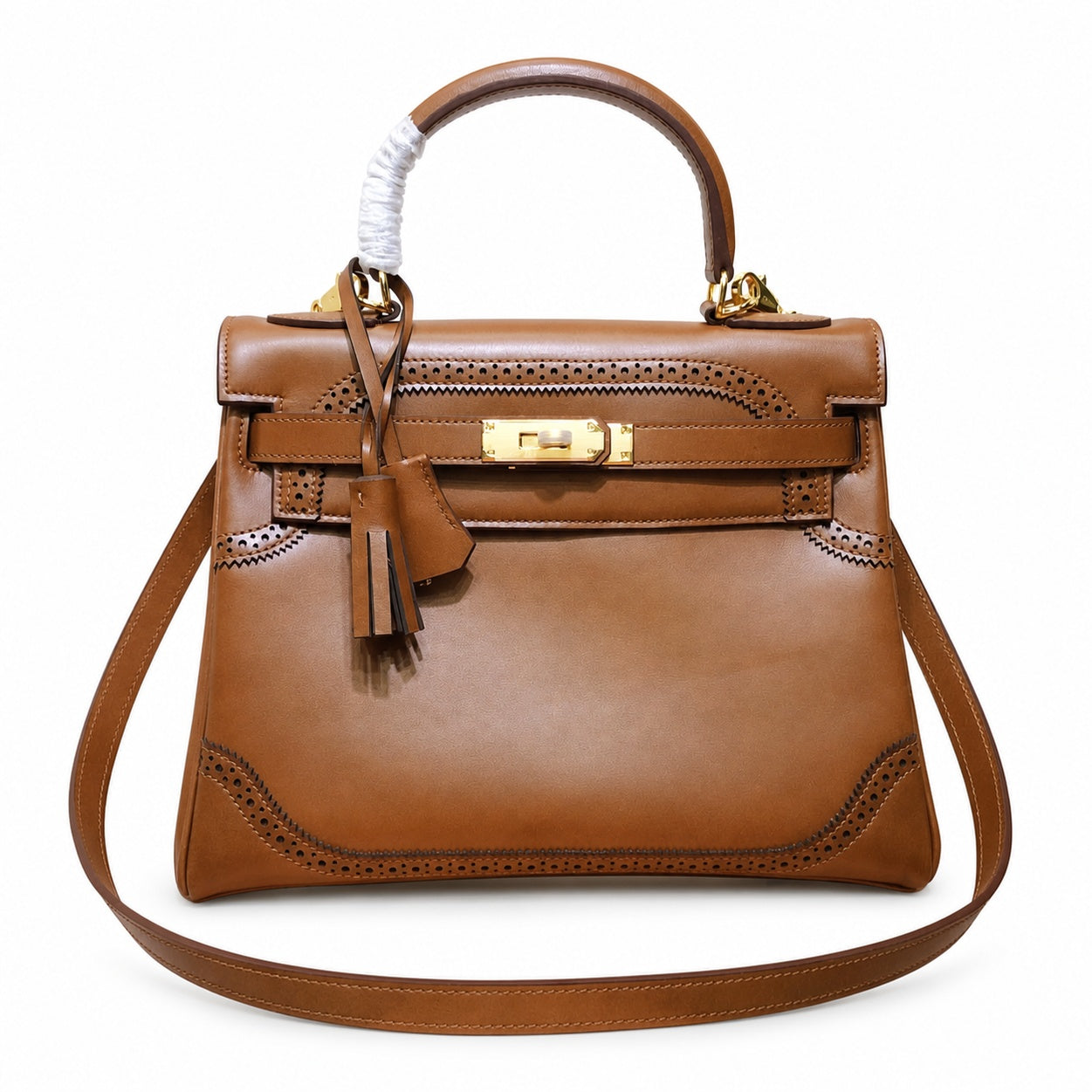 Kelly Sellier Ghillies 28cm Natural Sable Barenia Leather Gold Hardware Women Handbag
