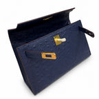 Mini Kelly Sellier 22cm Bleu Nuit Ostrich Leather Gold Hardware Women Mini Handbag