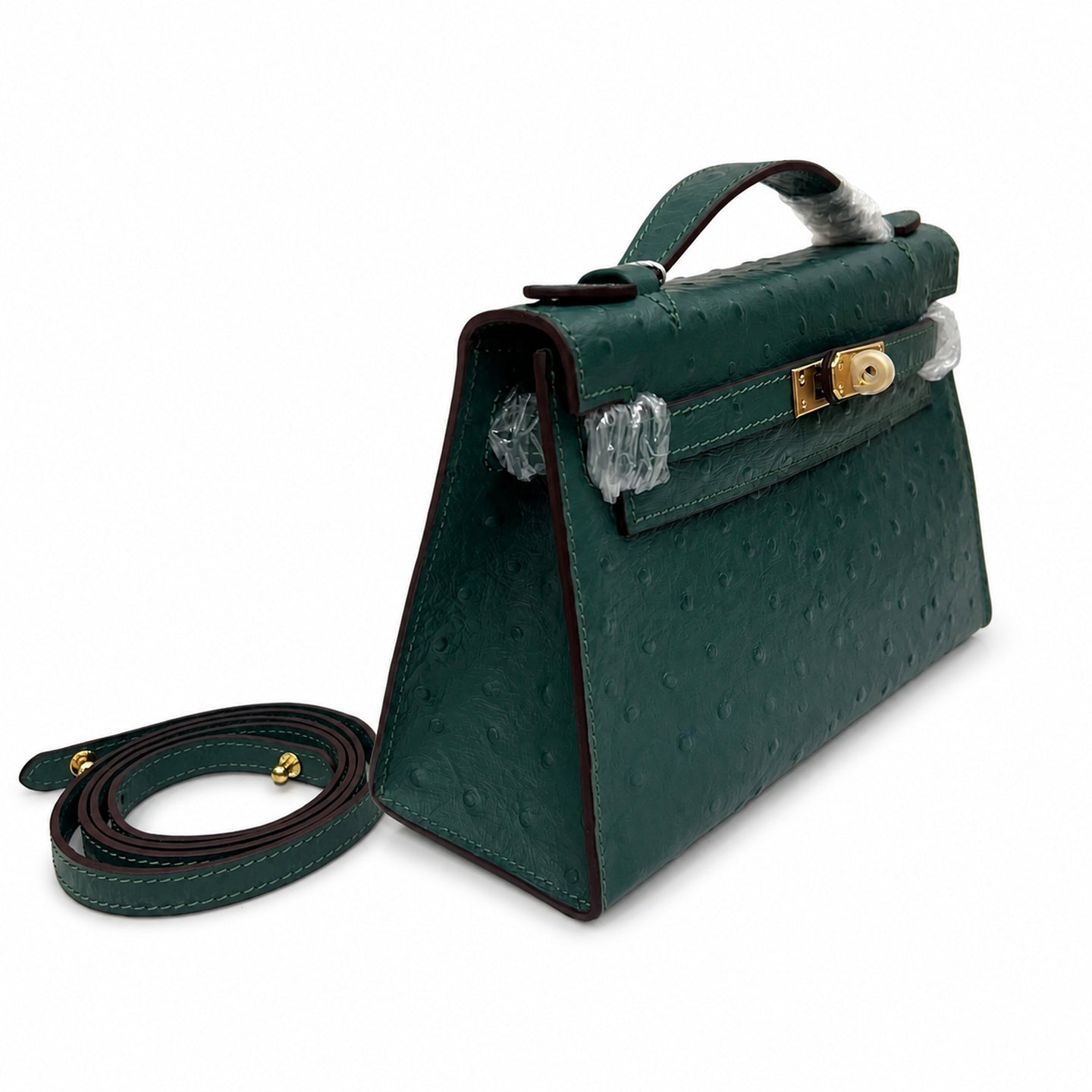 Mini Kelly II Sellier 19cm & 22cm Vert Fonce Ostrich Leather Gold Hardware Women Mini Handbag