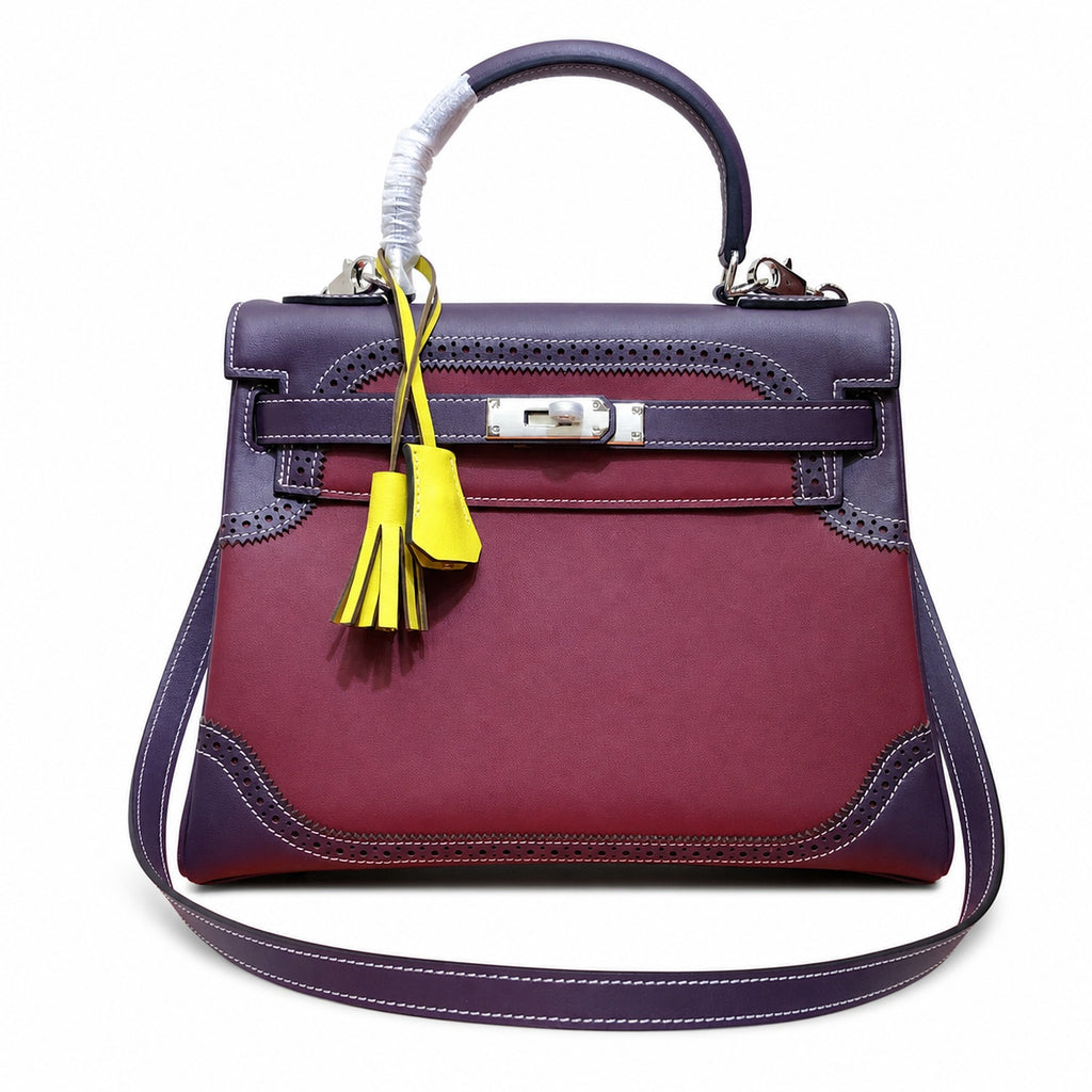 Kelly Sellier Ghillies 28cm Bordeaux & Marron Foncé Barenia Leather Palladium Hardware Women Handbag
