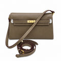 Kelly Elan 25 Genuine Goat Grain Top Layer Cowhide Shoulder Bag, Gold Hardware Neutral Khaki Faux Kelly Baguette Underarm Bag, 25×6.5×15cm Elegant Commute Handbag for Women All Season Match