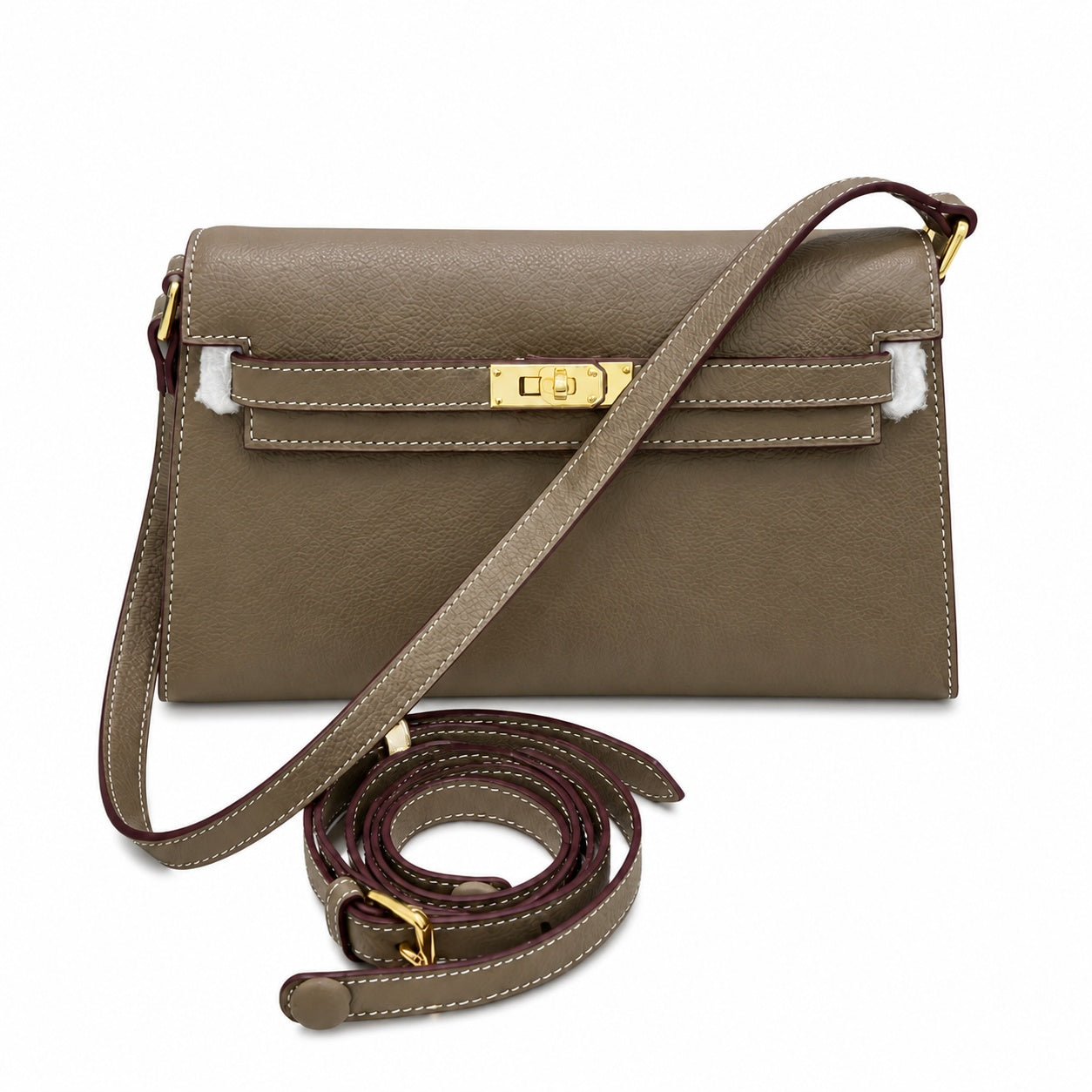 Kelly Elan 25 Genuine Goat Grain Top Layer Cowhide Shoulder Bag, Gold Hardware Neutral Khaki Faux Kelly Baguette Underarm Bag, 25×6.5×15cm Elegant Commute Handbag for Women All Season Match