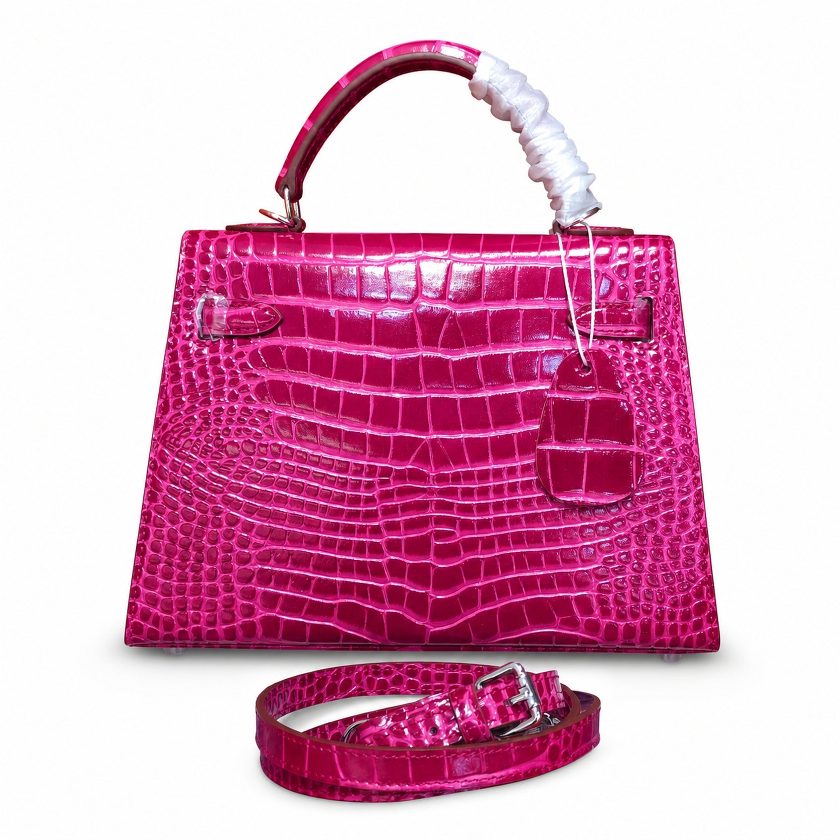 Kelly Sellier 22cm  Fuchsia Shiny Crocodile Leather Gold Hardware & Palladium Hardware Women Handbag