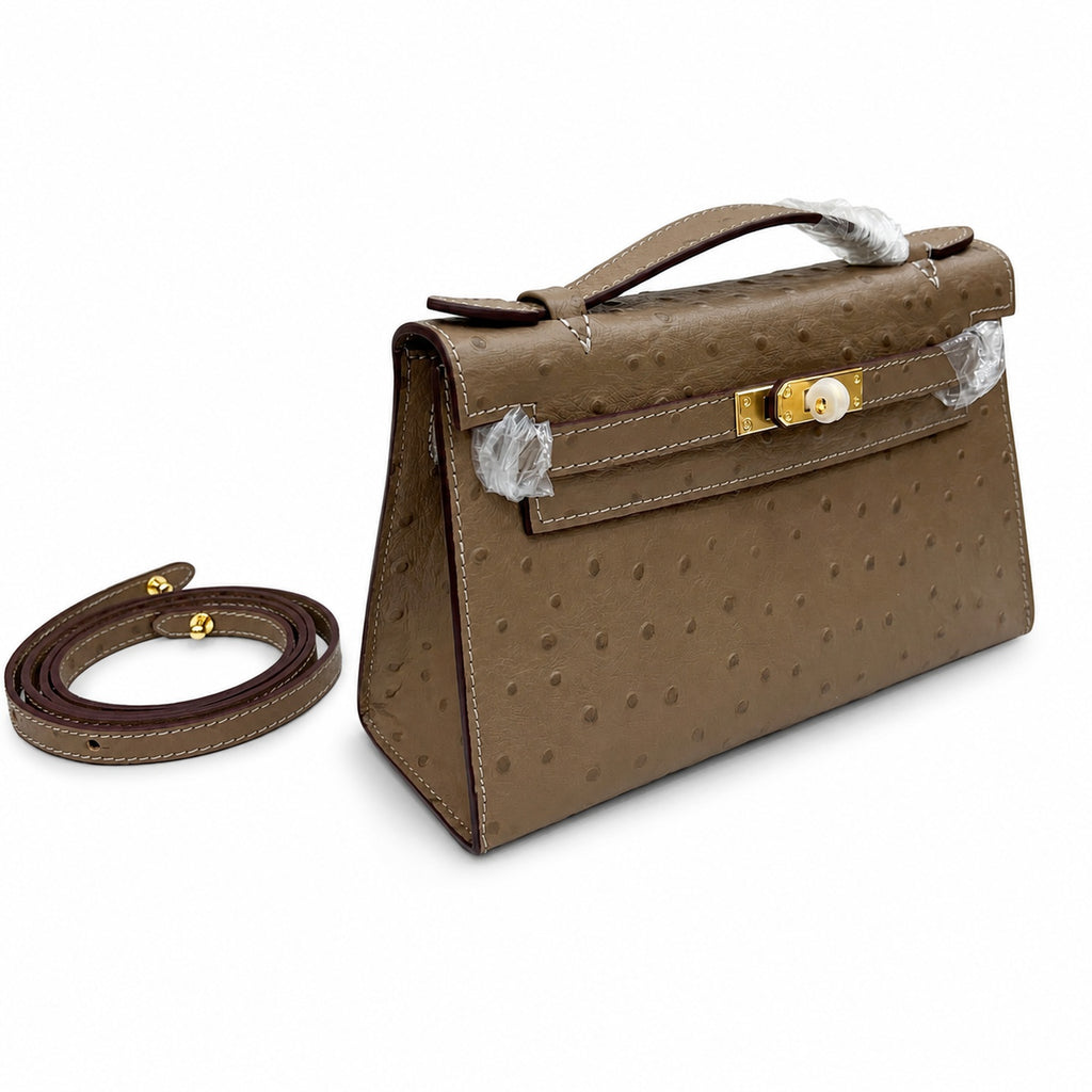 Mini Kelly II Sellier 19cm & 22cm Etoupe Ostrich Leather Gold Hardware Women Mini Handbag