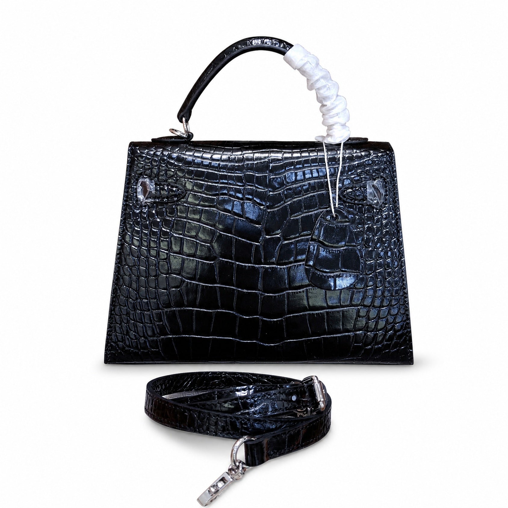 Kelly Sellier 22cm Noir Shiny Crocodile Leather Gold Hardware & Palladium Hardware Women Handbag