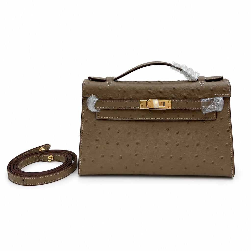 Mini Kelly II Sellier 19cm & 22cm Etoupe Ostrich Leather Gold Hardware Women Mini Handbag