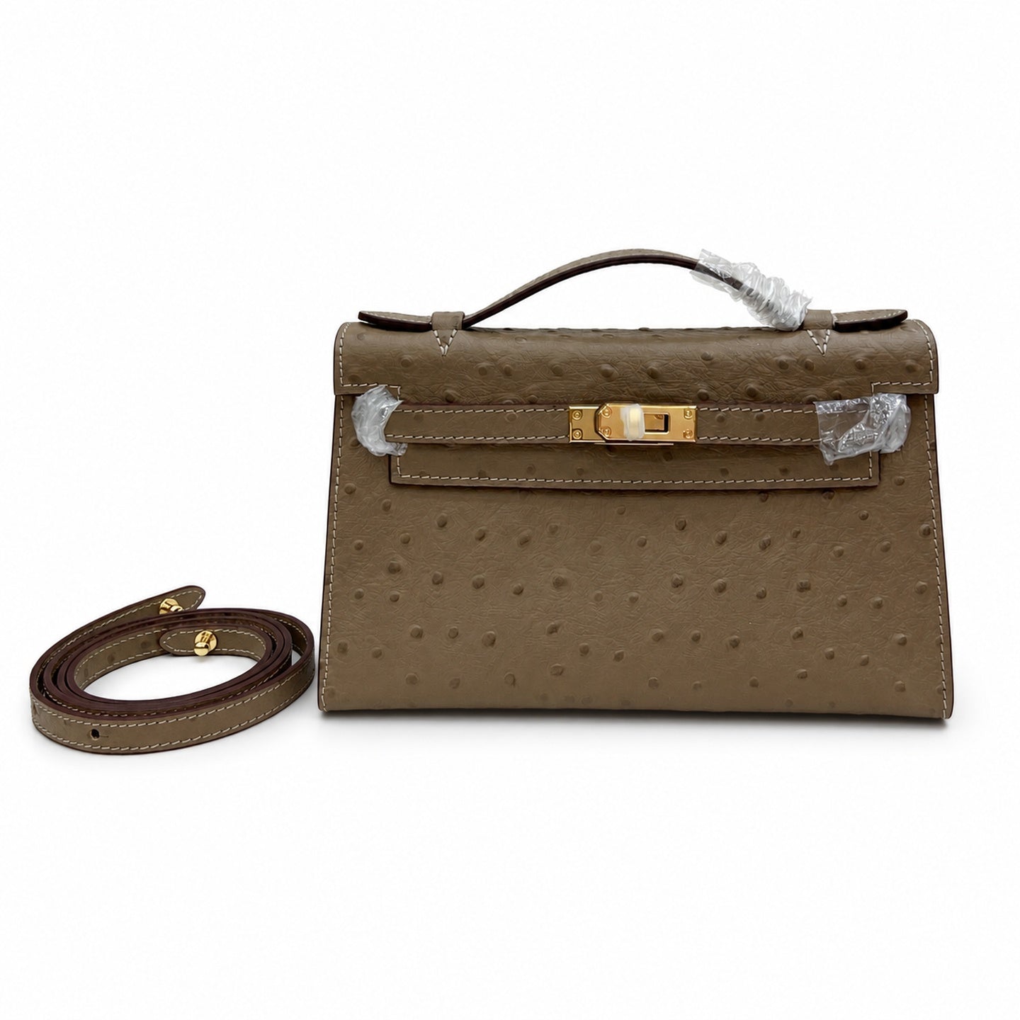 Mini Kelly II Sellier 19cm & 22cm Etoupe Ostrich Leather Gold Hardware Women Mini Handbag