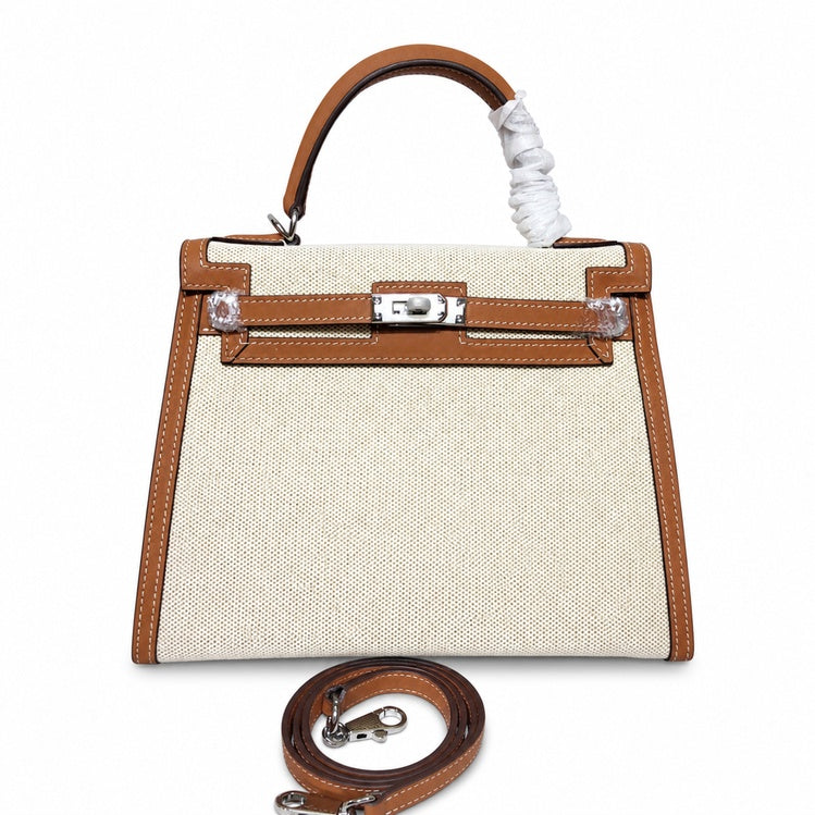 Kelly 25 Bag With Outside Stitching Constructed Of Patchwork Canvas & Premium Soft Swift Leather, Rich Warm Brown Tone Delivers Full-Bodied Vintage Luxury Texture Dimensions: Length 25 * Width 10 * Height 18cm