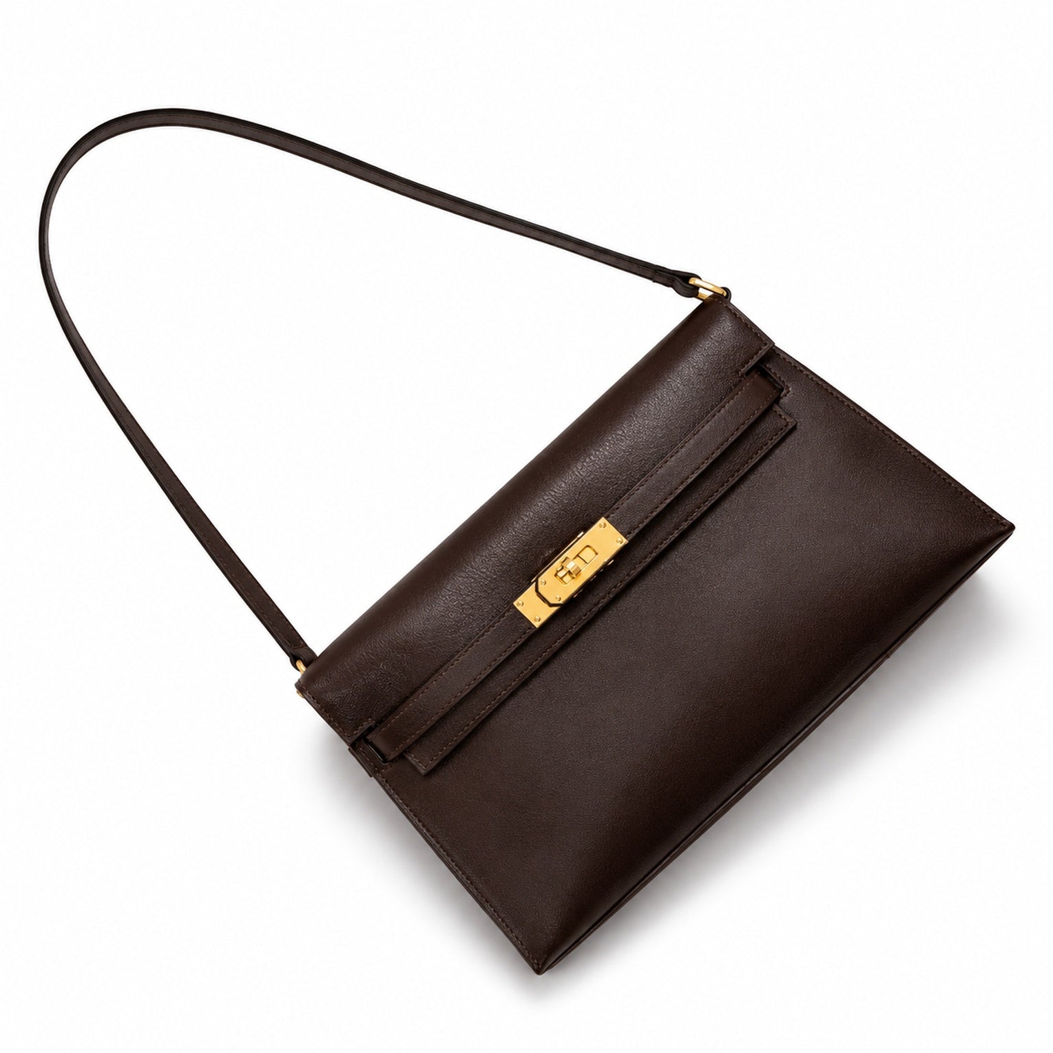 Kelly Elan 25 Underarm Baguette Bag, Genuine Top Layer Cowhide Goat Grain Leather, Gold Hardware Havane Brown Shoulder Purse, Low-key Old Money Vintage Style Daily Handbag Size 25×6.5×15cm