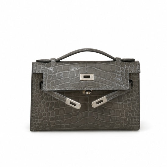 Kelly Pochette Gris Elephant Shiny Niloticus Crocodile Leather Palladium Hardware & Palladium Hardware Women Clutch Bag