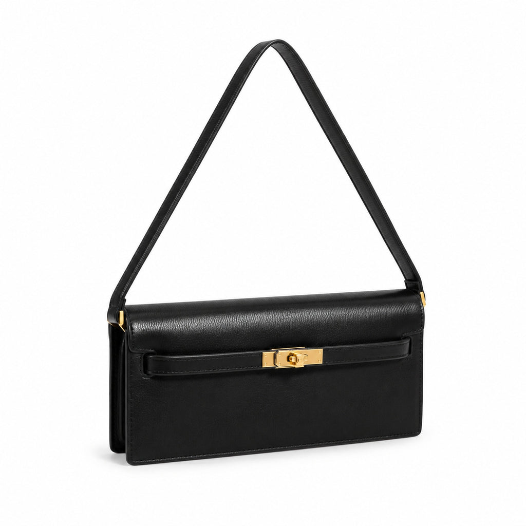 Kelly Elan 25 Underarm Baguette Bag, Genuine Top Layer Cowhide with Glossy Goat Grain, Gold Hardware Black Shoulder Handbag, Spacious Capacity Casual Versatile Daily Purse Size 25×6.5×15cm