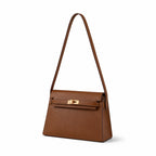 Kelly Elan 25 Top-Grain Leather Goat-Pattern Underarm Baguette Bag – Gold Buckle, Coffee Brown, 25×6.5×15cm