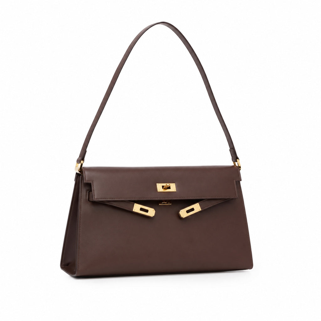Kelly Elan 25 Underarm Baguette Bag, Genuine Top Layer Cowhide Goat Grain Leather, Gold Hardware Havane Brown Shoulder Purse, Low-key Old Money Vintage Style Daily Handbag Size 25×6.5×15cm