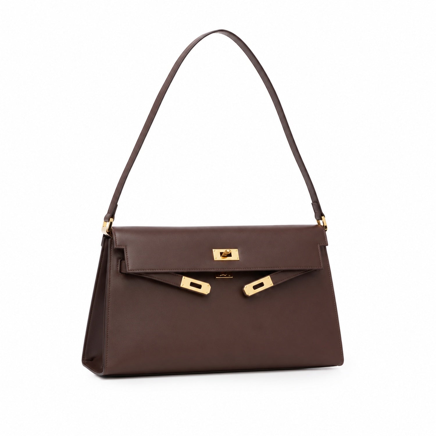Kelly Elan 25 Underarm Baguette Bag, Genuine Top Layer Cowhide Goat Grain Leather, Gold Hardware Havane Brown Shoulder Purse, Low-key Old Money Vintage Style Daily Handbag Size 25×6.5×15cm