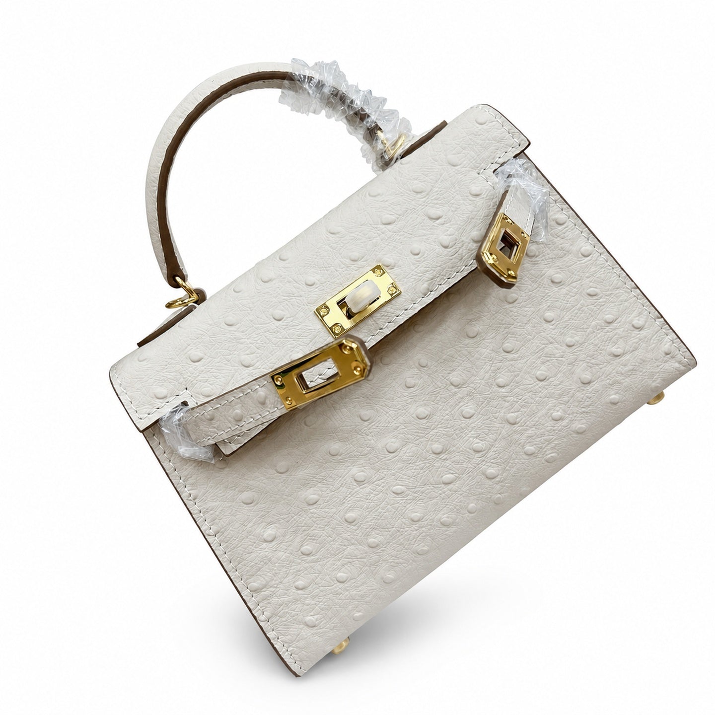 Mini Kelly II 19cm Sellier Craie Ostrich Gold Hardware Premium Women Daily Handbag