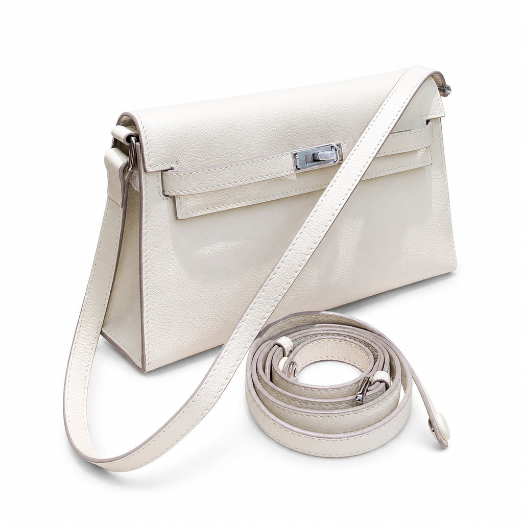Kelly Elan 25 Underarm Baguette Bag, Genuine Top Layer Cowhide Goat Grain Leather, Silver Hardware Off White Shoulder Handbag, Youthful Elegant Goddess Daily Purse Size 25×6.5×15cm