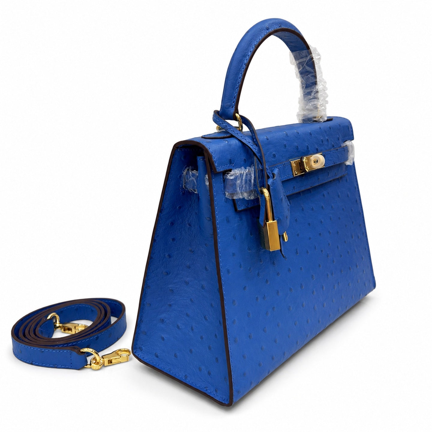 Kelly Sellier 25cm Bleu Electrique Ostrich Gold Hardware Premium Crossbody Purse