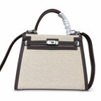 Kelly 25 Bag With Exterior Stitching Crafted Of Patchwork Canvas & Premium Swift Leather, Classic Deep Ebony Wood Shade, Unique Mixed Material Texture With Distinct Vintage Charm Dimensions: Length 25 * Width 10 * Height 18cm