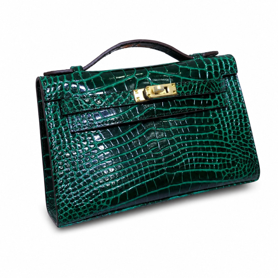 Kelly Pochette Vert Emeraude Shiny Niloticus Crocodile Leather Gold Hardware Women Clutch Bag