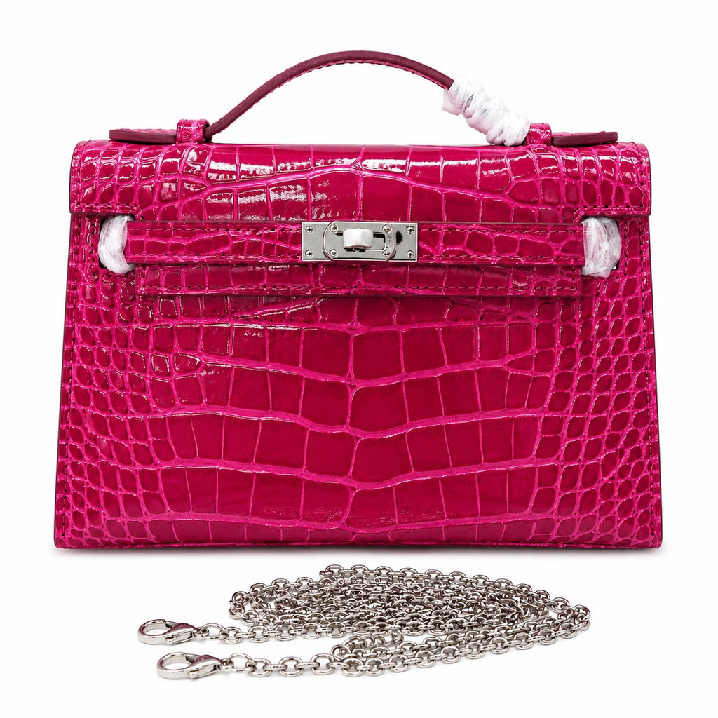 Kelly Pochette Fuchsia Shiny Niloticus Crocodile Leather Palladium Hardware Women Clutch Bag
