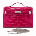 Kelly Pochette Fuchsia Shiny Niloticus Crocodile Leather Palladium Hardware Women Clutch Bag