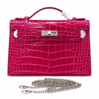 Kelly Pochette Fuchsia Shiny Niloticus Crocodile Leather Palladium Hardware Women Clutch Bag