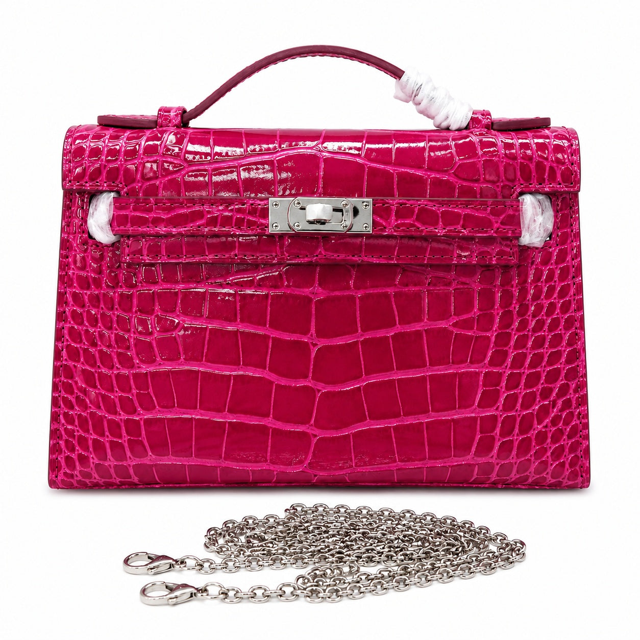 Kelly Pochette Fuchsia Shiny Niloticus Crocodile Leather Palladium Hardware Women Clutch Bag